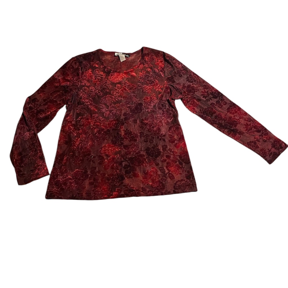VTG Michele Michele Red Velvet Lace Floral Long-Sleeve Blouse
